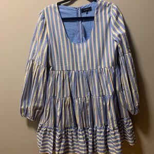 En Saison blue and white/yellow stripe tiered cotton dress